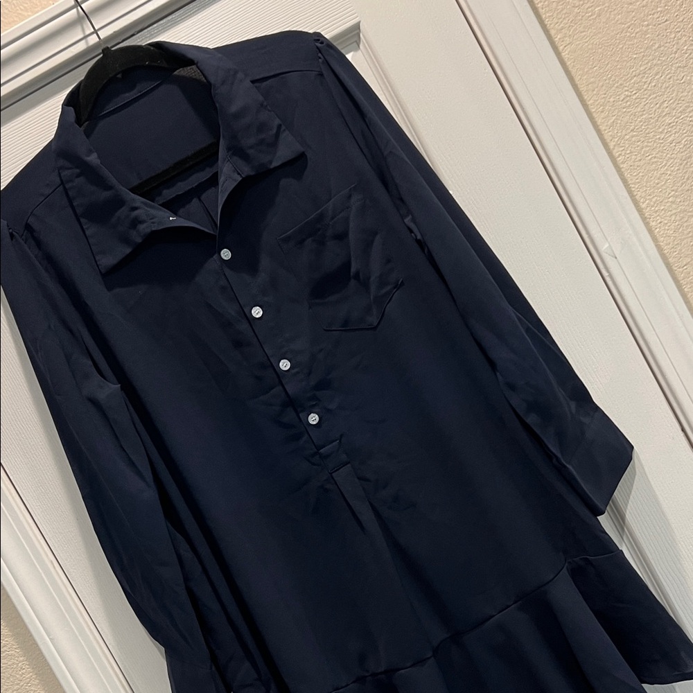 Navy Ruffle Hem Button-Up dress large - Picture 5 of 5